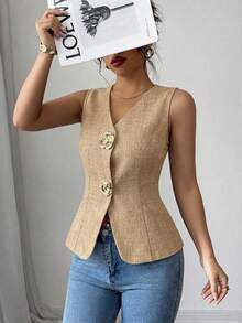 SHEIN Raffinéa 女款V領修身前襟金色玫瑰鈕扣裝飾外套背心 - 黃色 - 查看 3