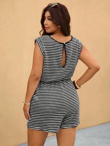 Elaquor Rompi Tanpa Lengan dengan Motif Garis-Garis Blok Warna untuk Wanita Ukuran Besar, Cocok untuk Liburan Musim Panas dan Perjalanan Sehari-hari, dengan Tali Serut di Pinggang. - Hitam dan Putih - View 2