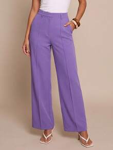 SHEIN Cottnline Pantalones De Vestir Con Pliegues Y Vuelo De Un Solo Color - Morado - Ver 1