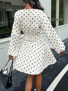 SHEIN Frenchy Women's Elegant French Vintage Polka Dot V-Neck Wrap Ruched Puff Sleeve Mini Dress Going Out Picnic Brunch Back To School Business Autumn Black White - Multicolor - View 8