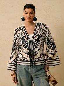 Travachic Plus Size Women's Long-Sleeve Shirt With A Black-And-White Tropical Print And Front Tie Design Fall Clothes Holiday Outfits - Multicolor - View 3