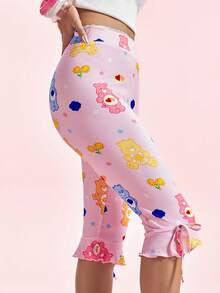 SHEIN X Care Bears Women's Cute Cartoon Print Lace Patchwork Cropped Leggings - Pink - View 4