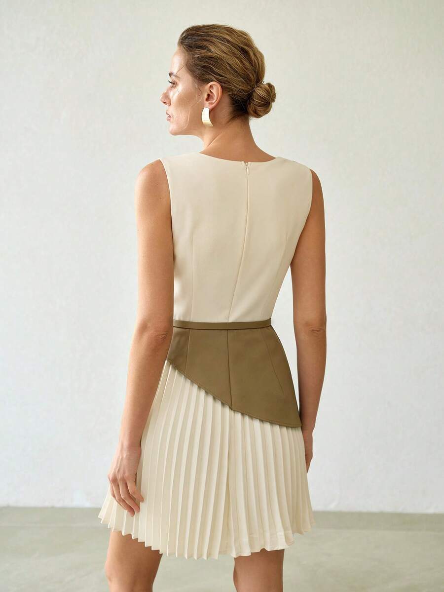 MOTF PREMIUM SUMMER FASHION COMMUTER VERSATILE CINCHED WAIST PLEATED COLORBLOCK V-NECK DECOR WOMEN'S DRESS - Green - View 2
