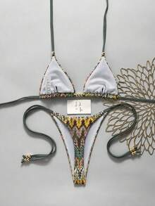 Bonvoyette 女款夏季海灘度假掛脖綁背性感比基尼套裝，度假穿搭，珠飾裝飾，提花布料，海灘穿著，度假穿著，綠色 - 彩色 - 查看 2