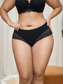 Bralution Plus Size Black Plain Contrast Lace High Waisted Panties With Medium Stretch Fabric For Women - Black - View 3