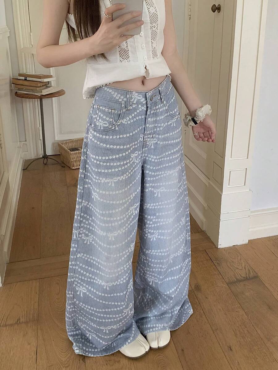 DAZY Celana Jeans Denim Wanita Model Longgar Gaya Korea Motif Mutiara Seluruh Permukaan, Cocok untuk Musim Panas, Sehari-hari, Sekolah, Warna Biru Muda, Lucu - Biru - View 1