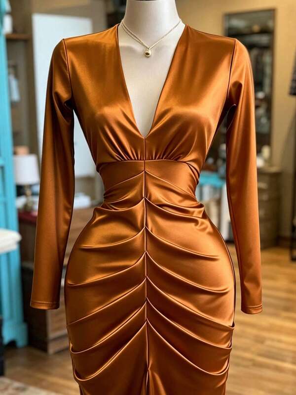 INAWLY Vestido de fiesta de noche de lujo de satén estilo europeo & americano, escote en V profundo, manga larga, cintura fruncida ceñida, vestido midi ajustado