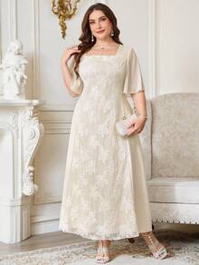Reflora Plus Size Women Square Neck Jacquard Casual Party Summer Dress - Apricot - View 6