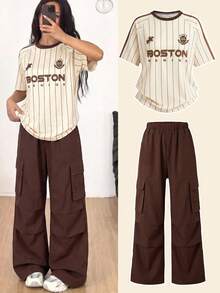 SHEIN Sparklyn Teen Girls 2pcs/Set Short Sleeve Round Neck Comfortable Loose Fit Outdoor Sports Drop Shoulder T-Shirt And Cargo Pants S Set Back To... - Brown - View 1