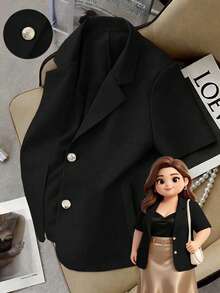 GlowEve CURVE Plus Size Women's Apricot Short Sleeve Straight Loose Fit Faux Pocket Open Front Elegant Sophisticated Casual Commute Thin Blazer Jacket Spring Summer - Black - View 1
