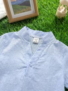 SHEIN Baby Boy Baby Girl Casual Daily Small Stand Collar Button-Up Romper Suitable For Spring And Summer Outings - Blue - View 4