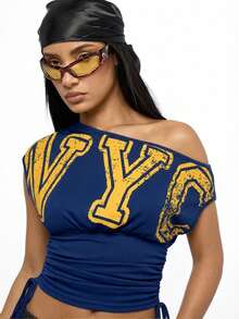 SUMWON WOMEN Off-Shoulder Ruched Side Drawstring Crop Top With NYC Varsity Letter Print - Navy Blue - View 4