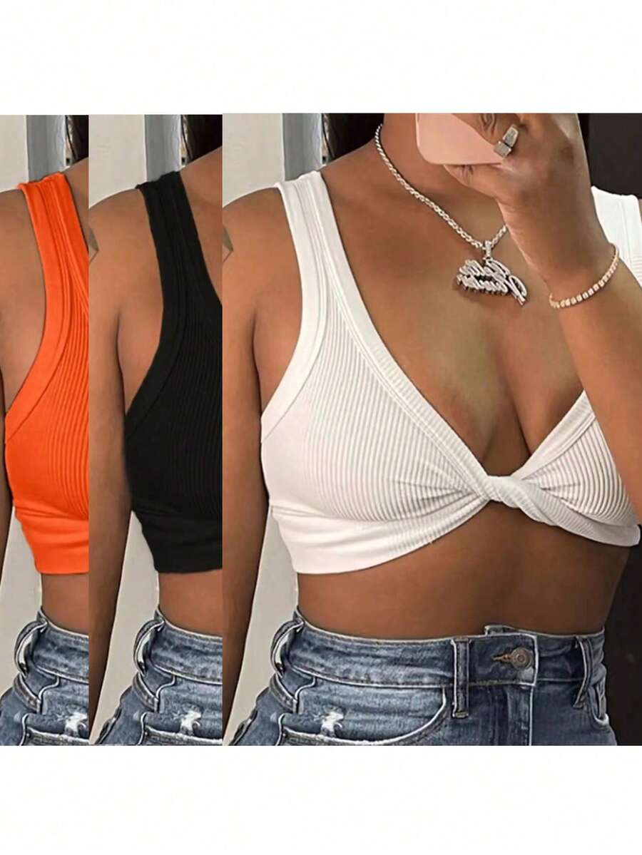 SHEIN 夏季女士纯色扭纹设计短款宽肩带背心 - 彩色 - 查看 1