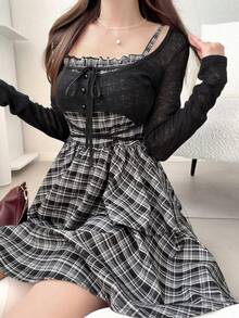 FRIFUL Women's Summer New Plaid Spaghetti Strap Dress With Bowknot Chest And Strappy Tie Outerwear 2 Pieces Set Lounge Sets For Women - Black - View 13