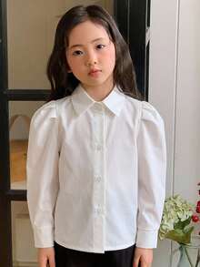 Hapijoa 少女休閒百搭純色花瓣袖夏季上衣 - 白色 - 查看 4