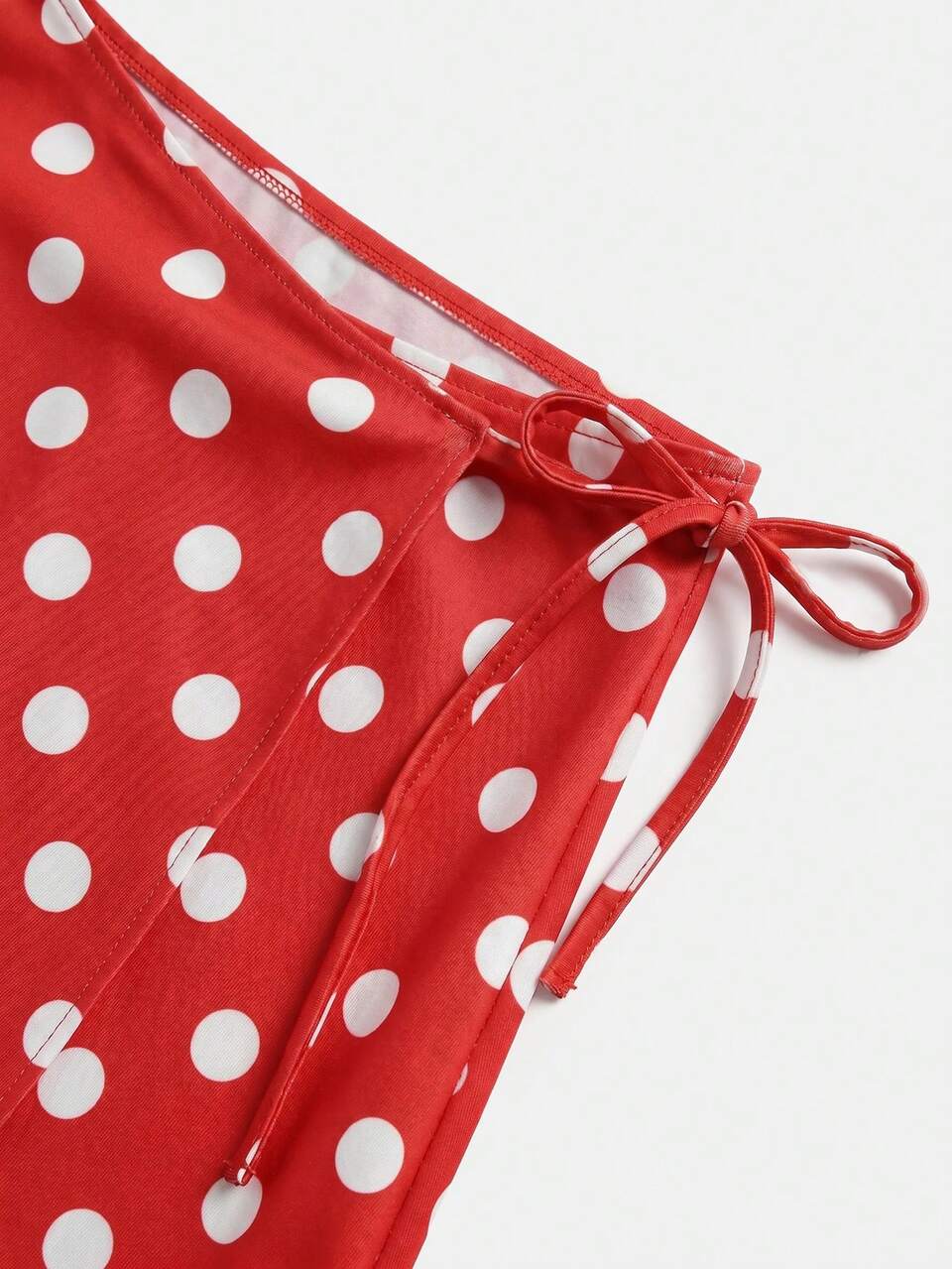 Red Polka Dot Bikini And Wrap Skirt Matching Set, Bandeau Bikini Shape