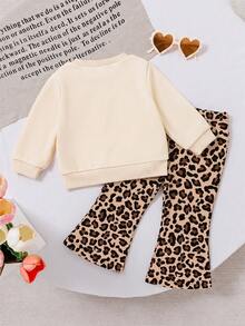 SHEIN 1 Set Baby Girl Casual Cute Rabbit Print Crew Neck Sweatshirt And Leopard Print Flare Pants Outfit, Suitable For Autumn/Winter Daily Wear - Multicolor - View 2