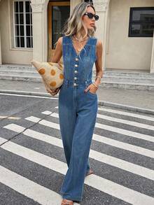 SHEIN PETITE Petite Women's Sleeveless V-Neck Denim Jumpsuit, Button Front Wide Leg Jean Overall With Pockets, Casual Streetwear Summer Vacation Outfit Aqua Blue - Medium Wash - View 2