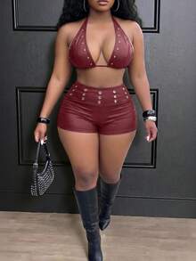 Slaydiva Elegant Summer Beach Cocktail Outfits For Women 2 Pieces Sexy Bikini Set, Burgundy - Burgundy - View 5