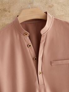 HIMLAND Men's Solid Color Long Sleeve Button Half-Placket Casual Shirt - Apricot - View 7