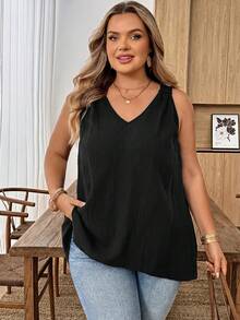 SHEIN CURVE+ 大尺碼百褶紋理V領簡約休閒背心 - 黑色 - 查看 6