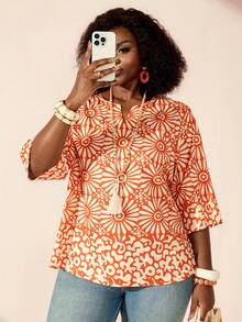 BrightlyHer Plus Size Print Notched Neck Short Sleeve Traditional Boho Casual Blouse Vacation Outfits For Women Beach Formal Hawaii Floral Red And White Autumn - Multicolor - View 2