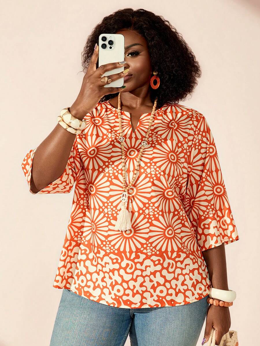 BrightlyHer Plus Size Print Notched Neck Short Sleeve Traditional Boho Casual Blouse Vacation Outfits For Women Beach Formal Hawaii Floral Red And White Autumn