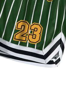ROMWE MEN Prep Men's Letter Striped Drawstring Waist Casual Shorts - Green - View 3