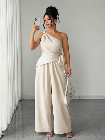 Elenzga Mono de mujer talla grande elegante y minimalista para ir al trabajo, casual, vacaciones, uso diario, citas, fiestas, banquetes y compras, color albaricoque, con decoración de hebilla de anillo metálico, hombro descubierto y un solo hombro
