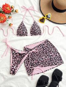 Soleia Plus Size Women Leopard Print Contrast Red Bikini 3 Pieces Set Plus Size Bathing Suits Women - Pink - View 5