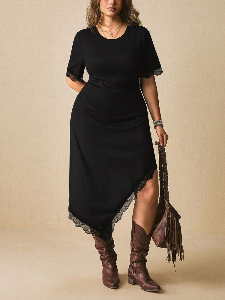 plus size western formal dresses Levarali Elegant Women's Casual Black Dress Lace Trim Details Asymmetrical Hem Everyday Wear Summer Brunch kimono dress