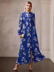 MOTF Soiréza ELEGANT WOMEN'S LONG SLEEVE LANTERN SLEEVE MAXI PARTY GOWN WITH TIE NECKLINE & RANDOM FLORAL PRINT , PERFECT FOR VALENTINE'S DAY , EVENING GALAS, WEDDING GUEST ATTIRE, ANNIVERSARY CELEBRATIONS, PROM NIGHTS, HOLIDAY BASHES, ELEGANT BIRTHDAY CELEBRATIONS - Royal Blue - View 2