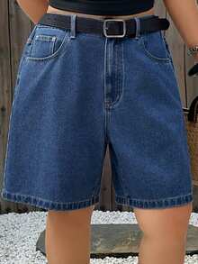 Dazy Plus Summer New Fitted Casual Style Plus Size Women's Spring/Summer Blogger Street Style Versatile Denim Bermuda Shorts - Dark Wash - View 2