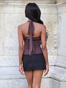 Mima John Vintage Y2K Sequin Patchwork Slim Fit Racerback Tank Top For Women Casual Summer - Coffee Brown - View 2