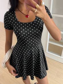 SHEIN EZwear Damen Lässig Süß Schwarz-Weißes Polka-Dot Kleid für Sommer Date Alltag - Schwarz und Weiss - Übersicht 6