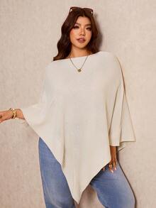 Elaquor Plus Size Women's Solid Color Asymmetrical Shoulder Batwing Sleeve Asymmetrical Hem Sweater Winter - Apricot - View 3