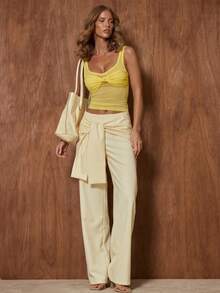 MUSERA Mesh Scoop Neck Long Sleeve Twist Front Layer Top - Pale Yellow - View 5