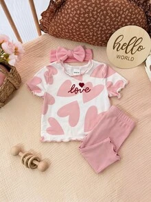 Newborn Baby Girl Cute Summer Casual Knit Pink Heart Pattern Short Sleeve Top And Elastic Waist Pants Set - Pink - View 5
