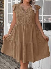 SHEIN LUNE Plus Size Summer Casual Solid Color Lace Patchwork Dress - Brown - View 3