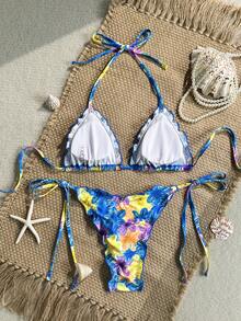Swim Mod Conjunto de 2 piezas Bikini sexy con top triángulo halter con volantes y braguita de bikini con lazo lateral, estampado aleatorio, para vacaciones de playa en primavera/verano - Multicolor - Ver 2