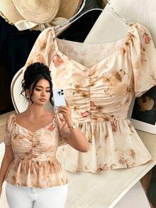 SHEIN Clasi Women's Plus Size Sweetheart Collar Ruffle Sleeve Ruched Waist Ruffle Hem Chiffon Print Elegant Blouse - Light Yellow - View 2