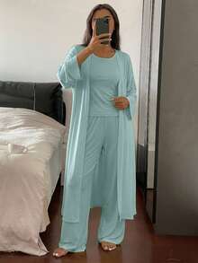 DAZY 女款純色落肩長袖睡袍、圓領背心上衣與長褲睡衣套裝 秋季 - 藍色 - 查看 5