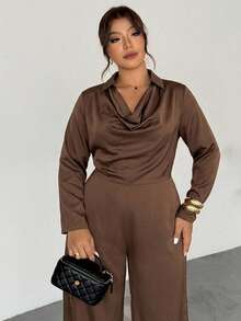 Firerie Elegant Chocolate Brown Jumpsuit Suitable For Casual Office Formal Evening Or Daily Wear Featuring Long Sleeves Draped Neckline Teachers' Day Autumn - Brown - View 5