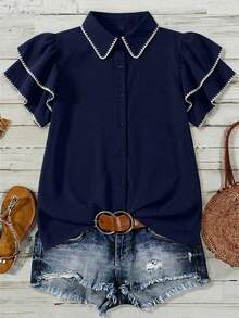 Mellowie Plus Size Summer Casual Ruffle Hem Blouse - Navy Blue - View 1