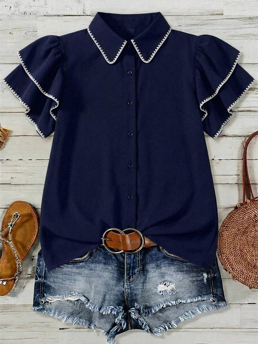 Mellowie Plus Size Summer Casual Ruffle Hem Blouse - Navy Blue - View 1
