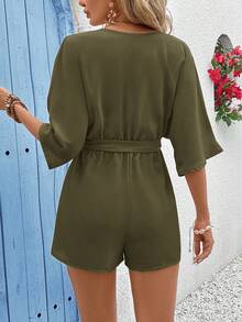 Vivid Eden Women's Summer V-Neck Criss-Cross Wrap Waist Tie-Up Lace Trim Textured Fabric Casual Vacation Romper - Dark Green - View 2