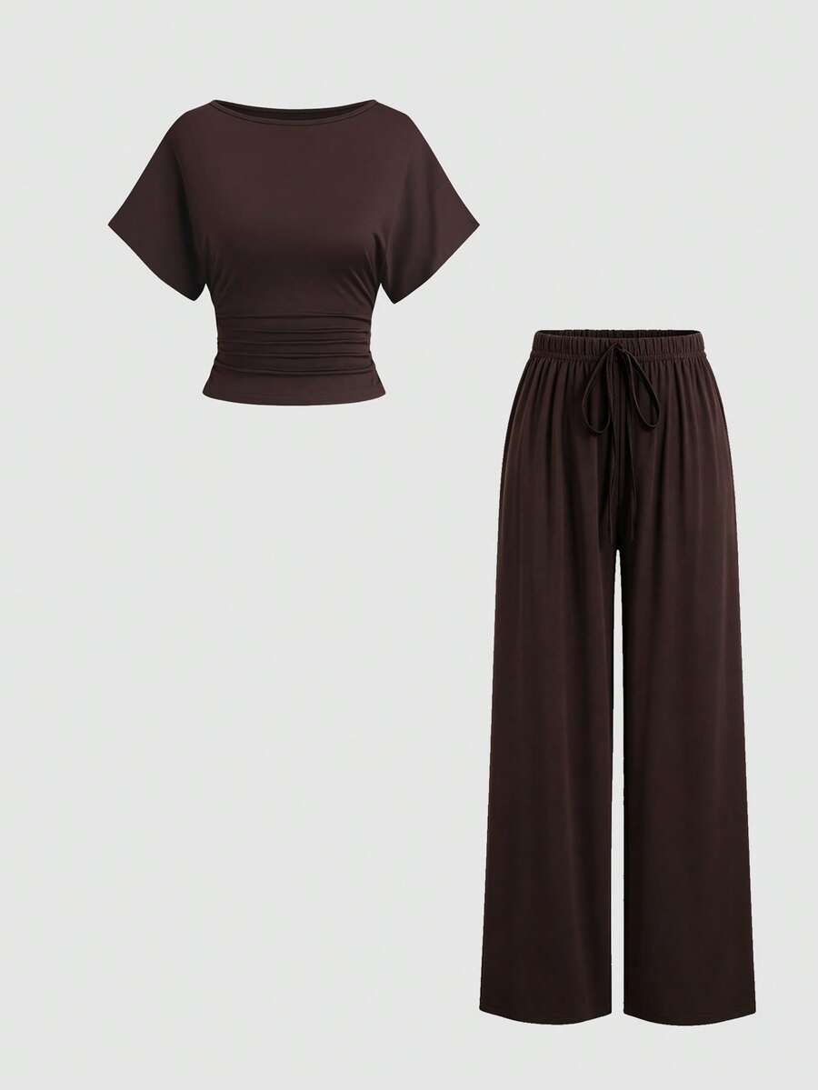 Sweetra 極簡風套裝 百搭T恤 + 寬腿顯瘦長褲 - 咖啡棕 - 查看 1