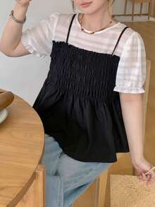Dazy Plus Contrast Color Patchwork Shirred Fitted Casual Pullover Doll Blouse Short Sleeve Spring Summer Shirt For Girls - Black - View 4