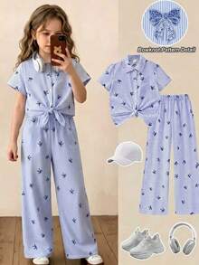 SHEIN Casuvi Kids 女童 2 件套休閒街頭風，適合度假、外出、上學，Ins 網紅風條紋蝴蝶結印花開襟短袖襯衫搭配直筒長褲，梭織克ريب數位印花工藝，適合春夏日常休閒穿著 - 藍色 - 查看 4