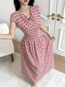 Feyla New French Vintage Polka Dot Cowl Neck Cinched Waist Flared Hem Soft Style Dress - Multicolor - View 7